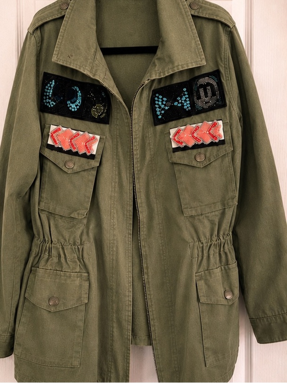 Été B Olive Embellished Utility Jacket Small Beaded Military Style